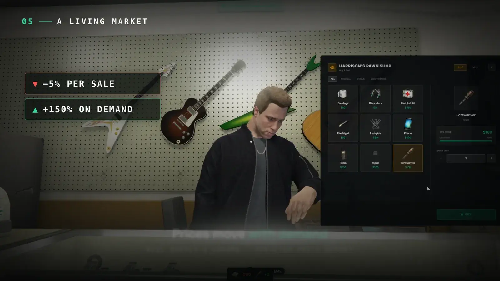Harrison's Pawn Shop buy and sell menu listing bandages, binoculars, a first aid kit, a flashlight, a lockpick, a phone, a radio, and a screwdriver beside a clerk under a wall of guitars