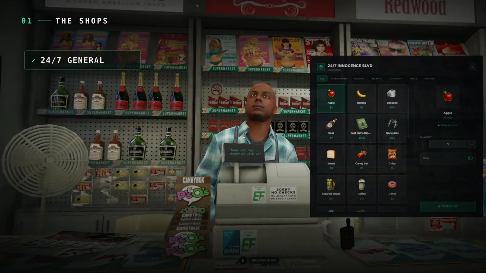 Shopkeeper behind the counter of a 24/7 general store beside the storefront catalog, which lists apples, bananas, bandages, beer, bread, and coffee with prices and a purchase panel