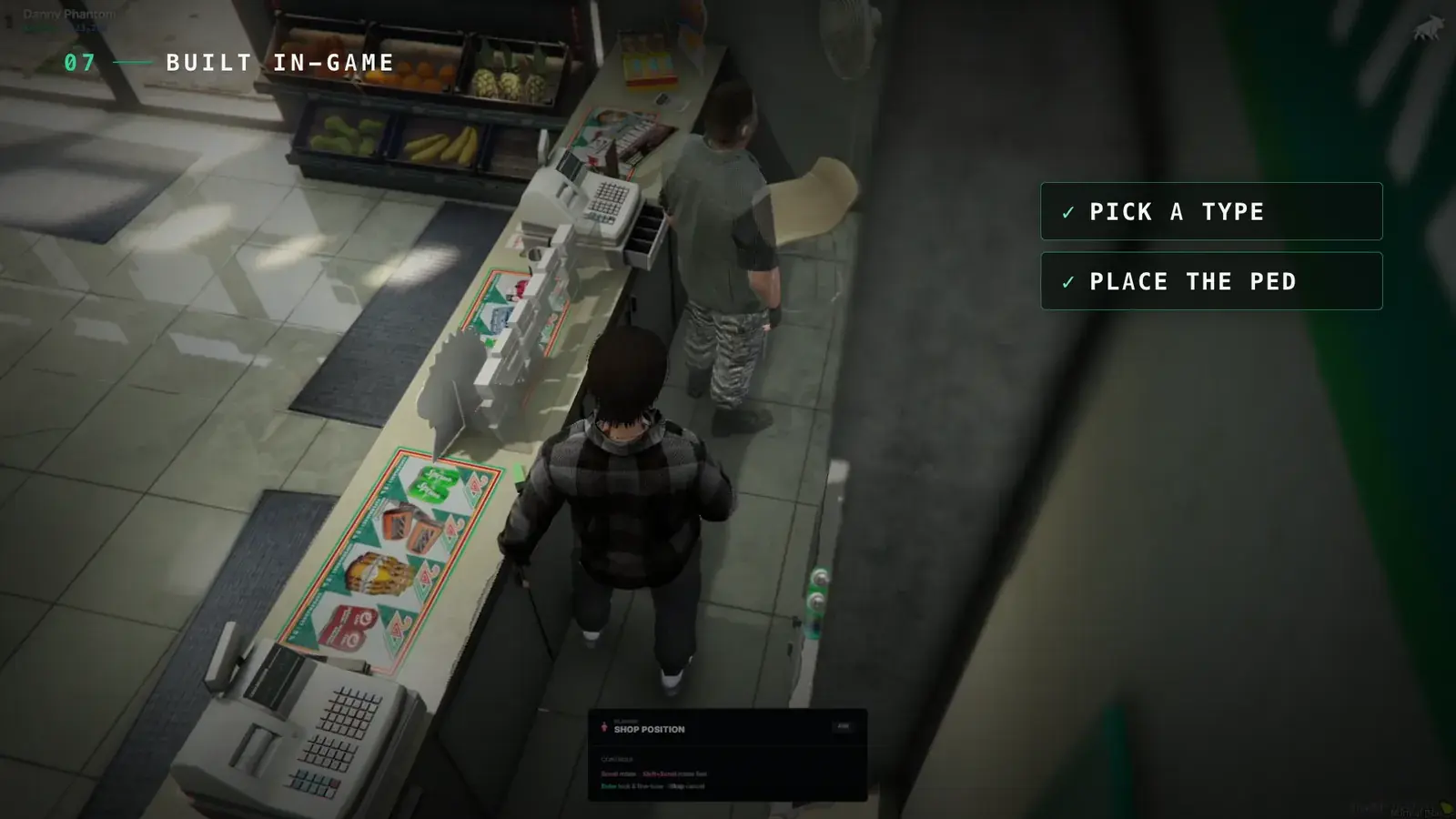 Top-down view of an admin placing a shop position at a 24/7 checkout counter beside the shopkeeper ped, with a placement prompt listing rotate, lock, and cancel controls