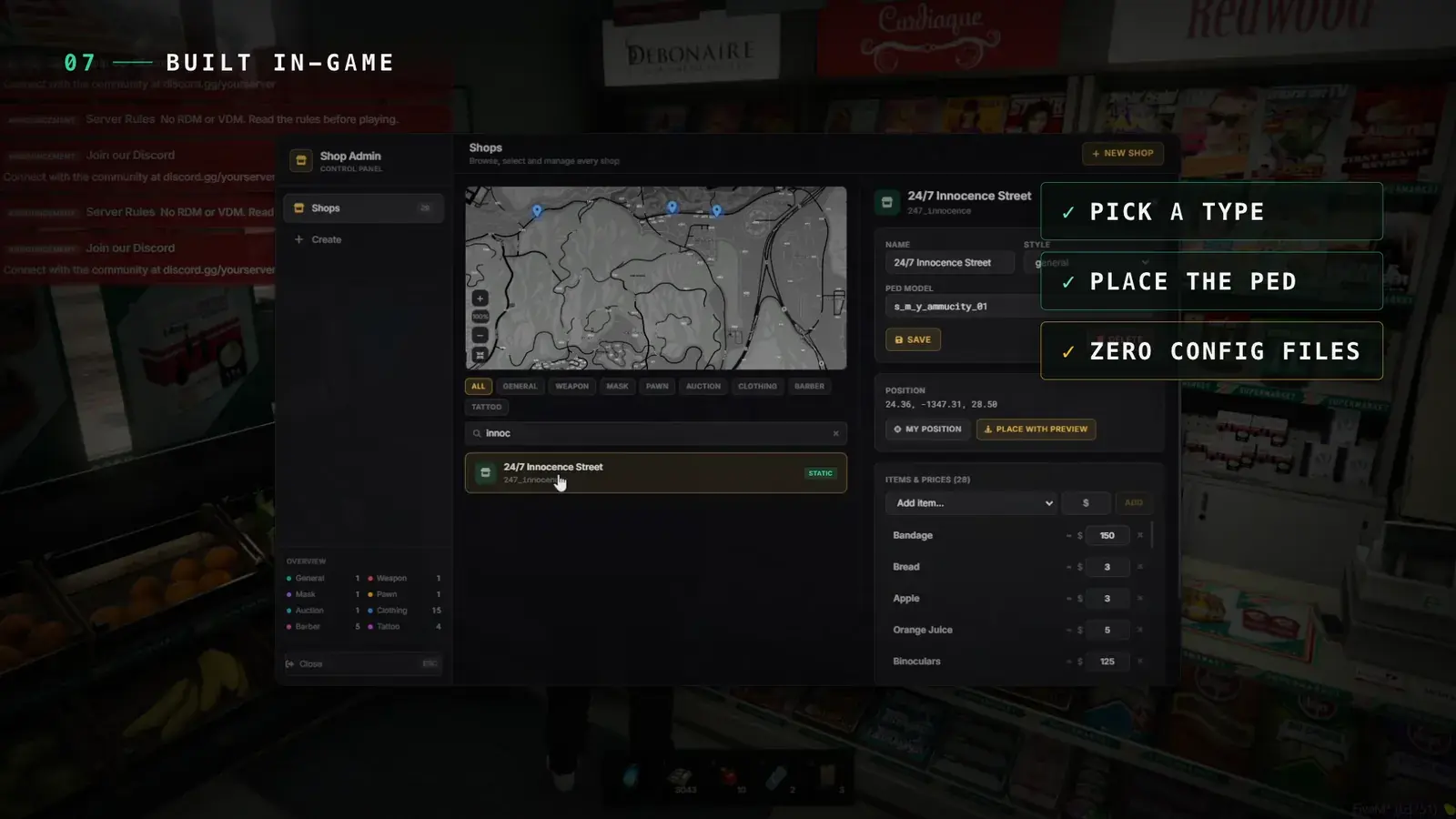 Shop Admin control panel with a map of shop pins, style filter chips, a search result for 24/7 Innocence Street, and an editor for name, style, ped model, position, and items and prices