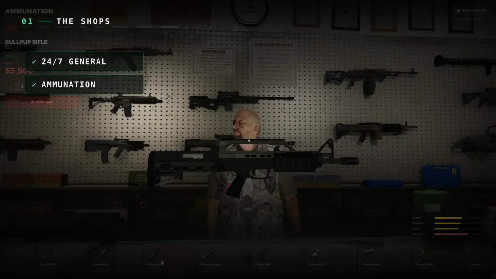 Ammunation clerk in front of a pegboard wall of rifles with a 3D bullpup rifle preview, weapon category tabs, a purchase button, and damage, accuracy, range, and fire-rate bars