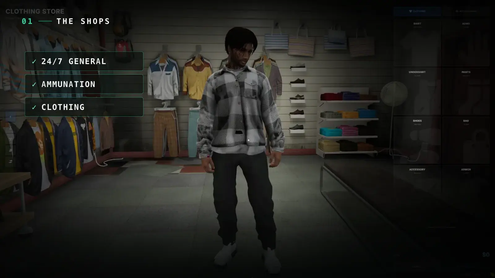 Player in a plaid shirt standing in a clothing store with jackets, shirts, and shoes on the walls and a per-slot clothing menu listing shirt, arms, undershirt, pants, shoes, bag, accessory, and armor