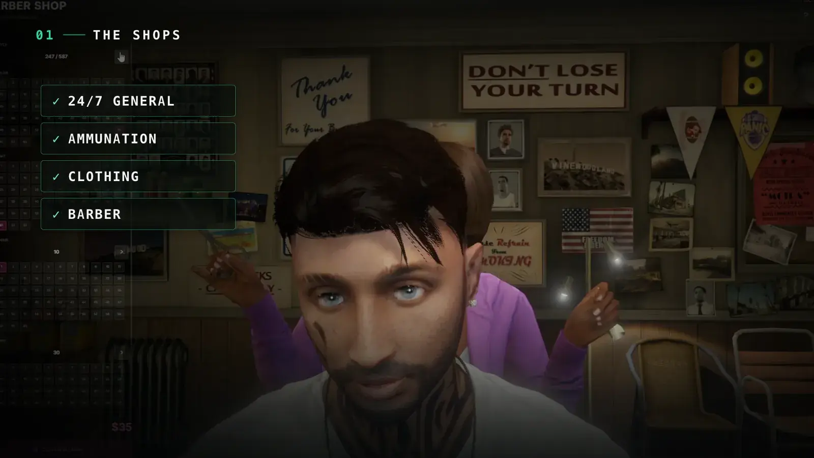 Close-up of a customer seated in a barber chair while the barber works behind him with scissors, with a hairstyle picker and price along the left edge