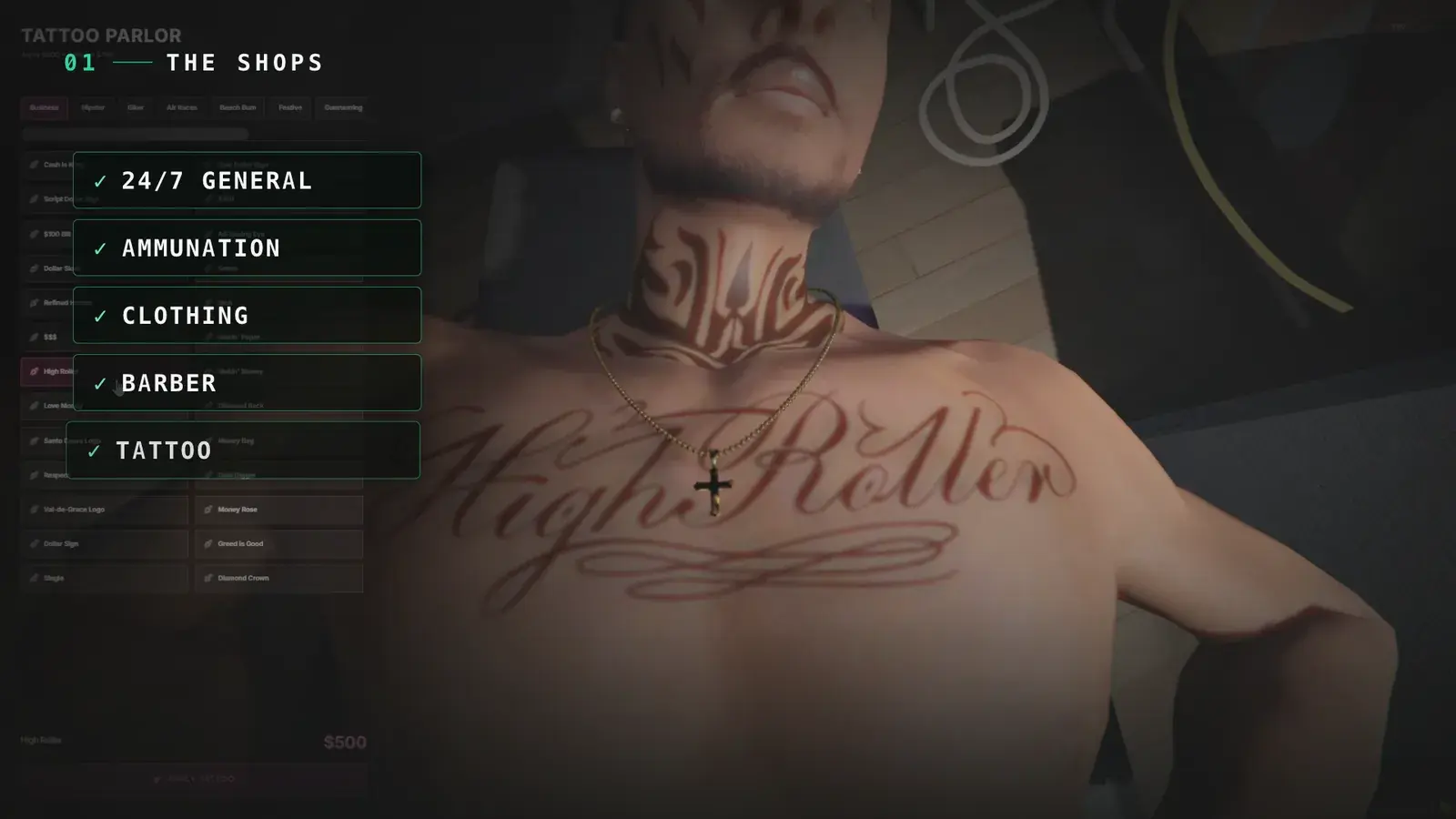 Tattoo parlor camera framed on a customer's chest showing a High Roller script tattoo, with collection tabs, a tattoo list, and an apply button