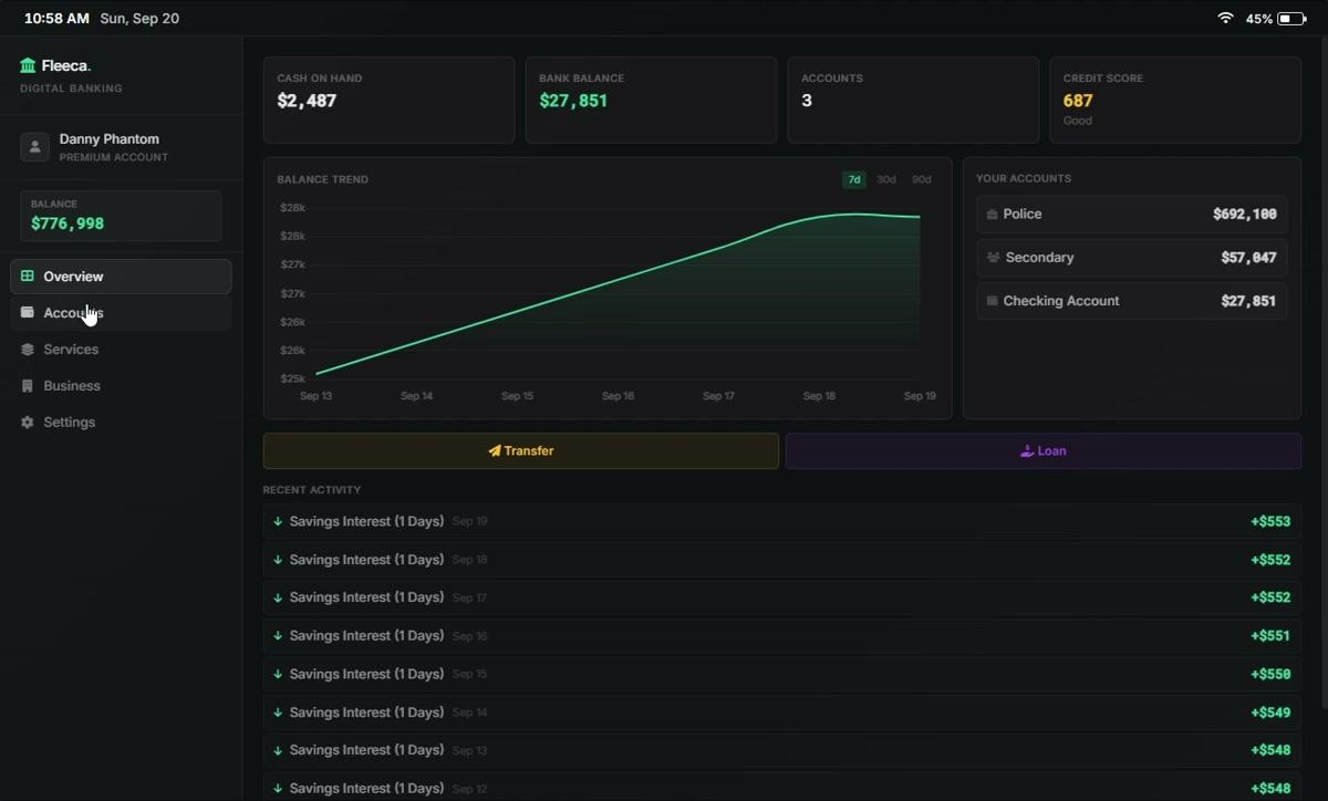 Oxide Banking running inside the tablet, with accounts and a balance chart