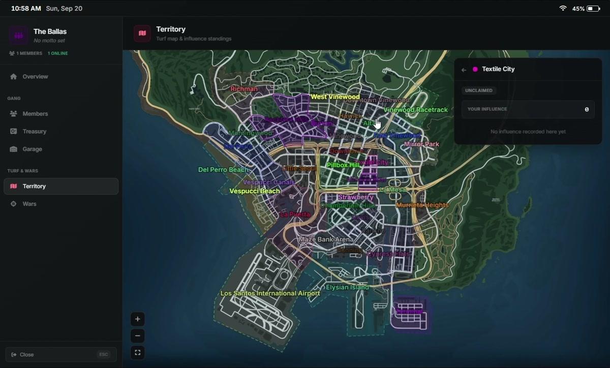 Oxide Gangs map showing colored gang territories across the city