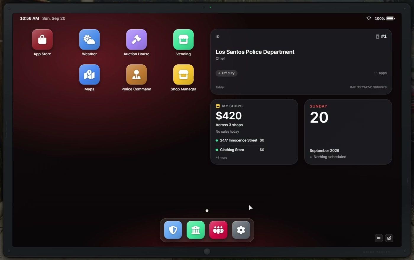 Oxide Tablet home screen with app icons, a favorites dock, ID, calendar, and shop widgets