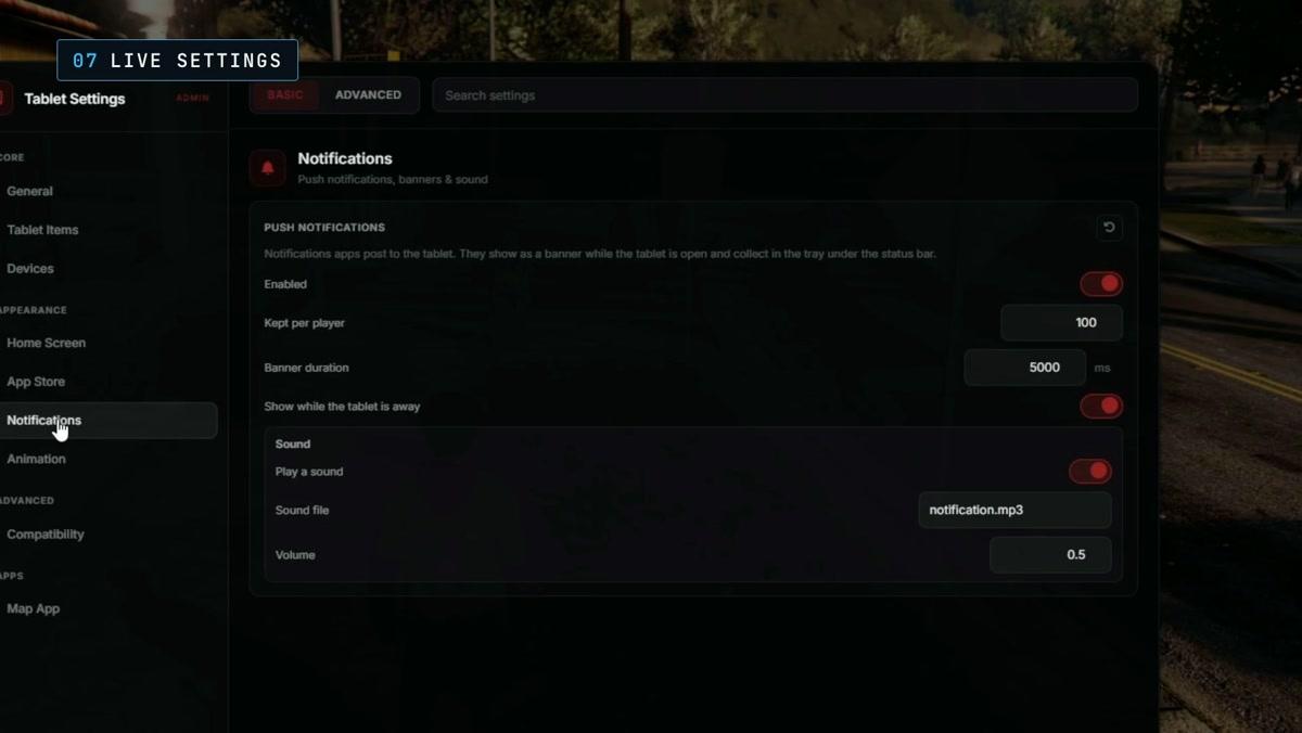 Live tablet settings editor with notification controls
