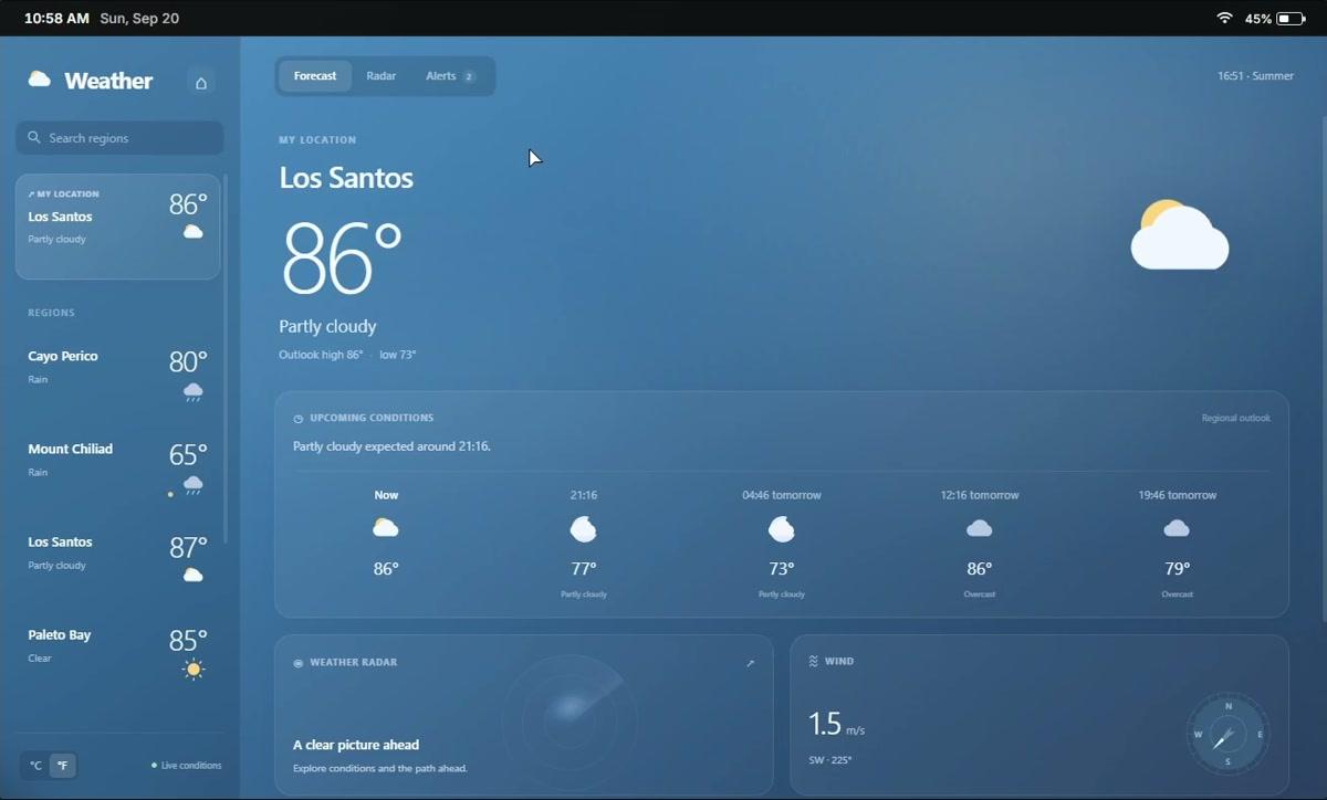 Weather app showing the Los Santos forecast and hourly conditions