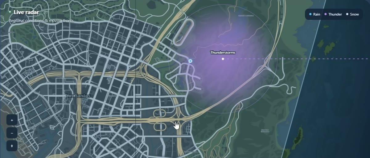 Live radar showing a thunderstorm cell east of Los Santos with its projected path