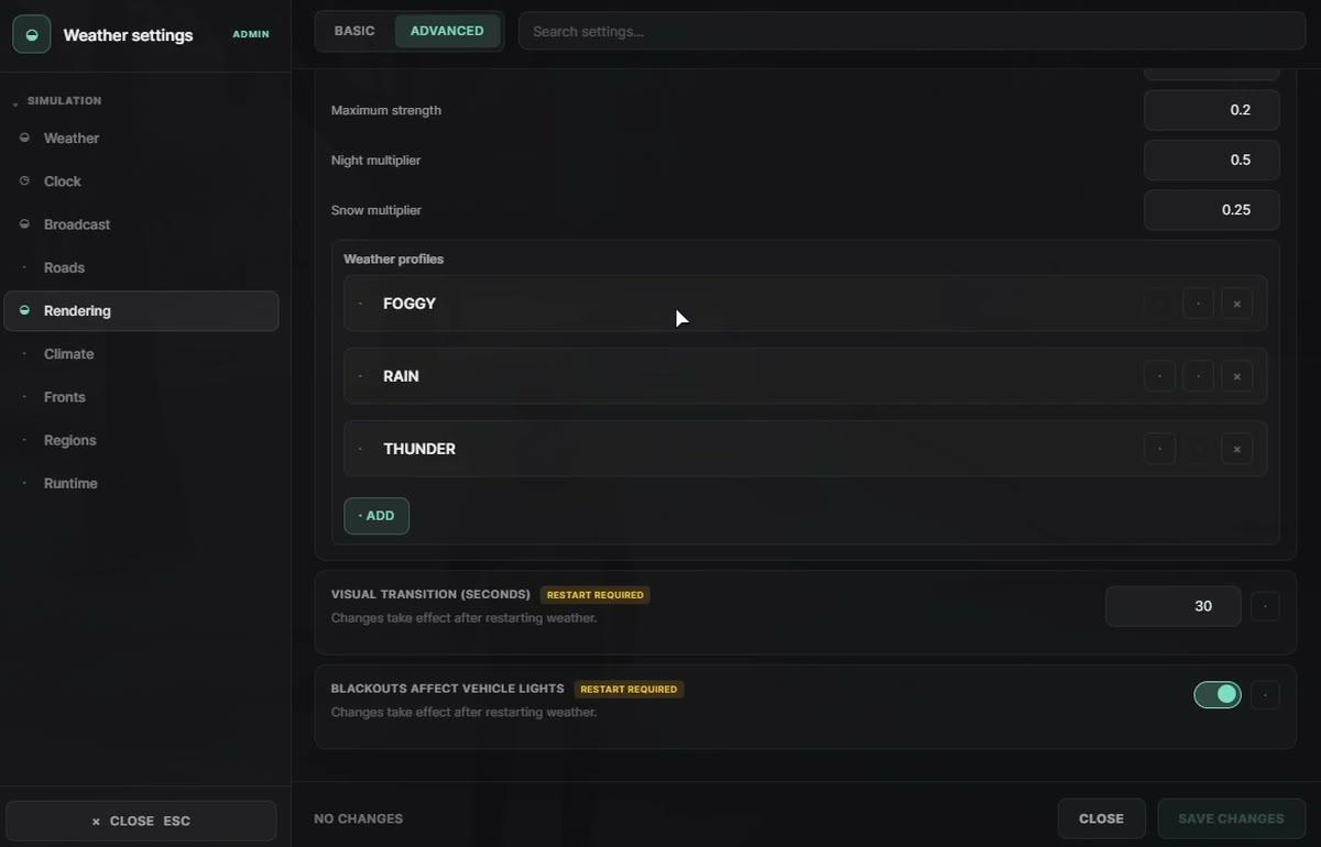 Weather settings editor showing rendering options and weather visibility profiles