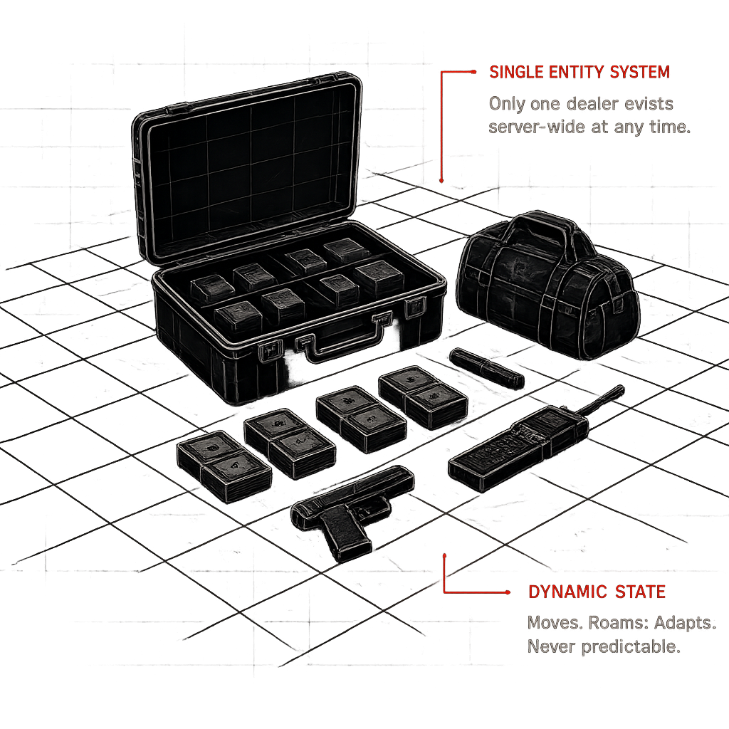Oxide Blackmarket — open case of cash bricks, a duffel bag, a pistol, and a burner phone