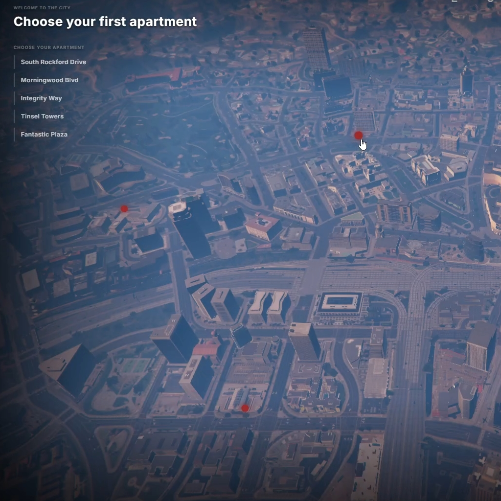 Sky-view map for choosing a spawn location with marked properties