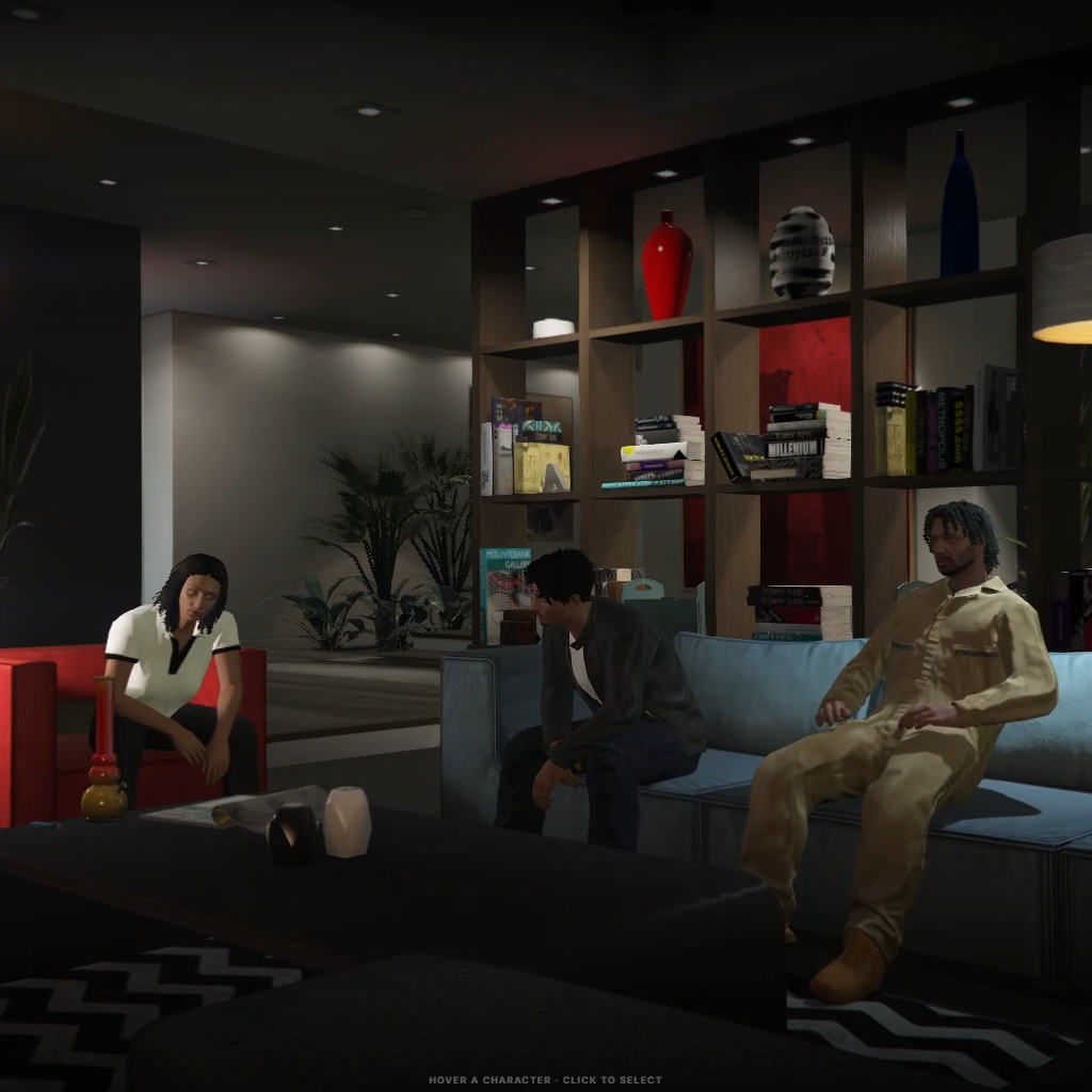 Multiple characters in a 3D apartment scene during selection