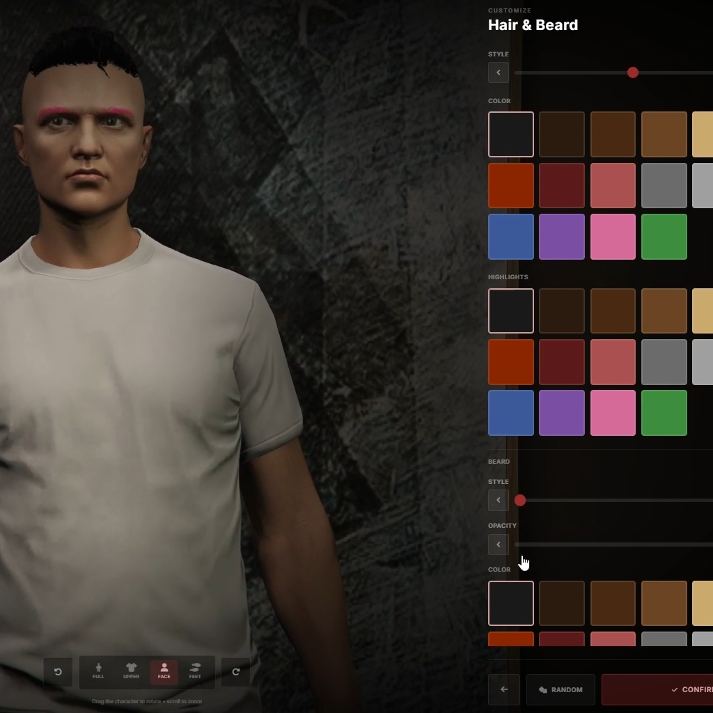 Character appearance editor with hair, beard and color options