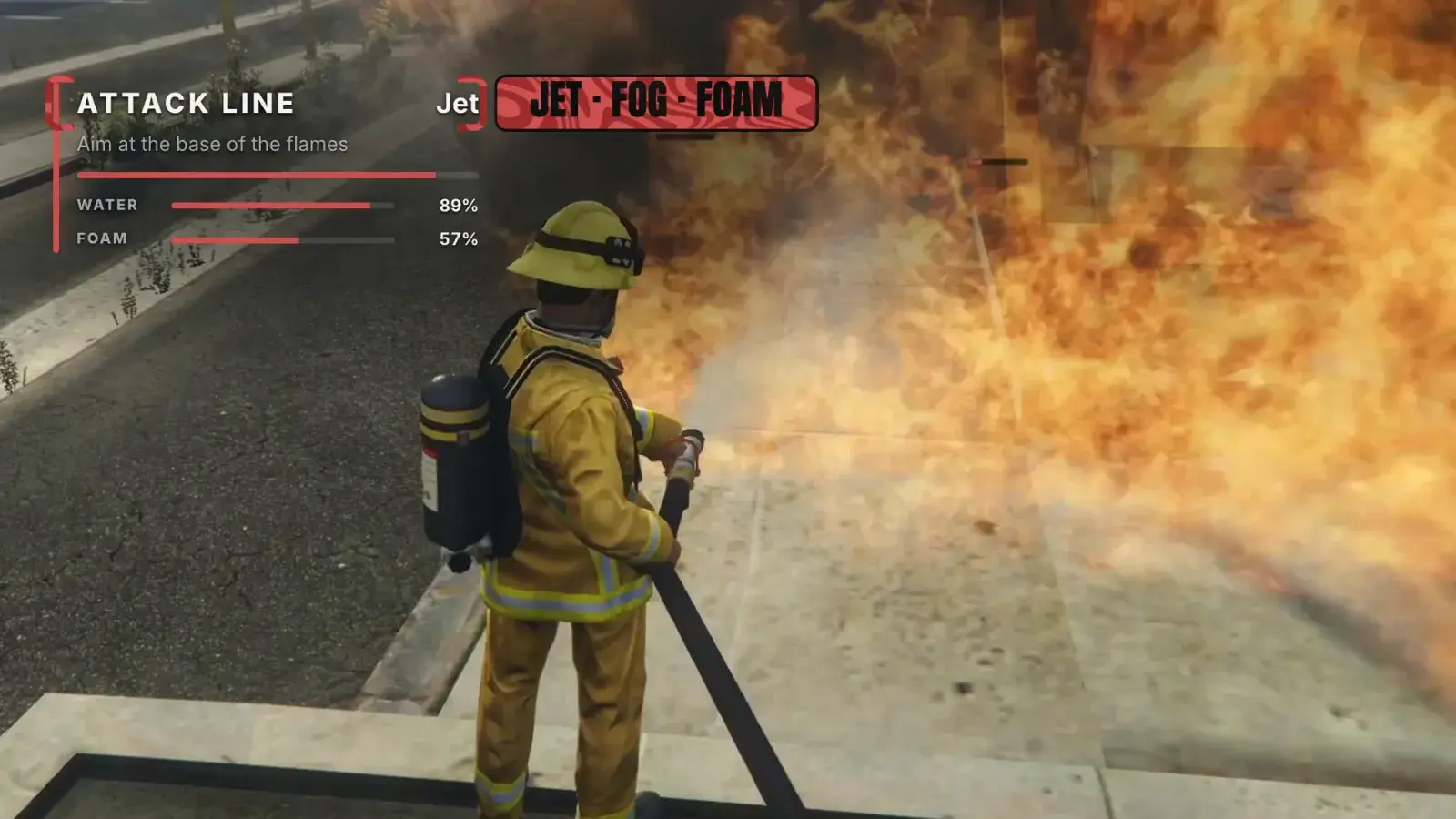 A firefighter in turnouts and breathing air sprays a jet into a wall of flame, with the Attack Line card top left