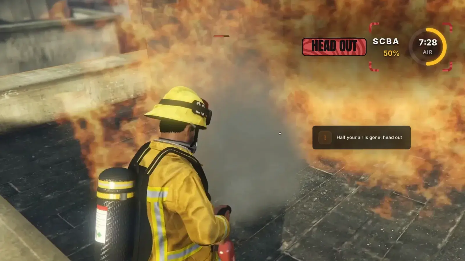 A firefighter fights a rooftop fire while the SCBA ring reads 7:28 at 50 % and a head-out warning shows