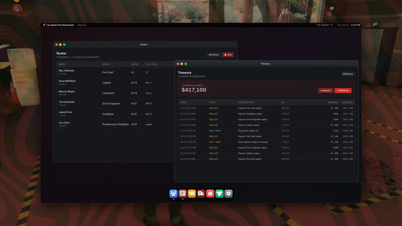 The Fire boss desktop with the Roster and Treasury windows open, showing a $417,100 balance and payroll lines