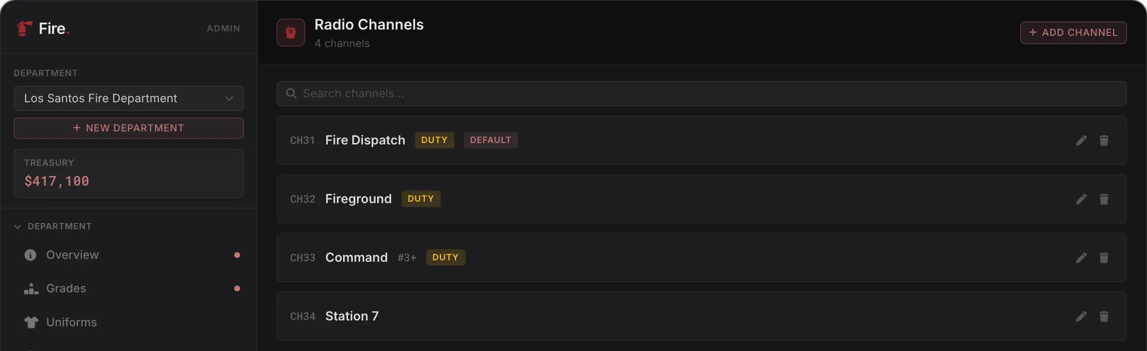 The Fire admin panel on Radio for the Los Santos Fire Department: channels 31 Fire Dispatch (duty, default), 32 Fireground (duty), 33 Command (rank 3 and up, duty) and 34 Station 7