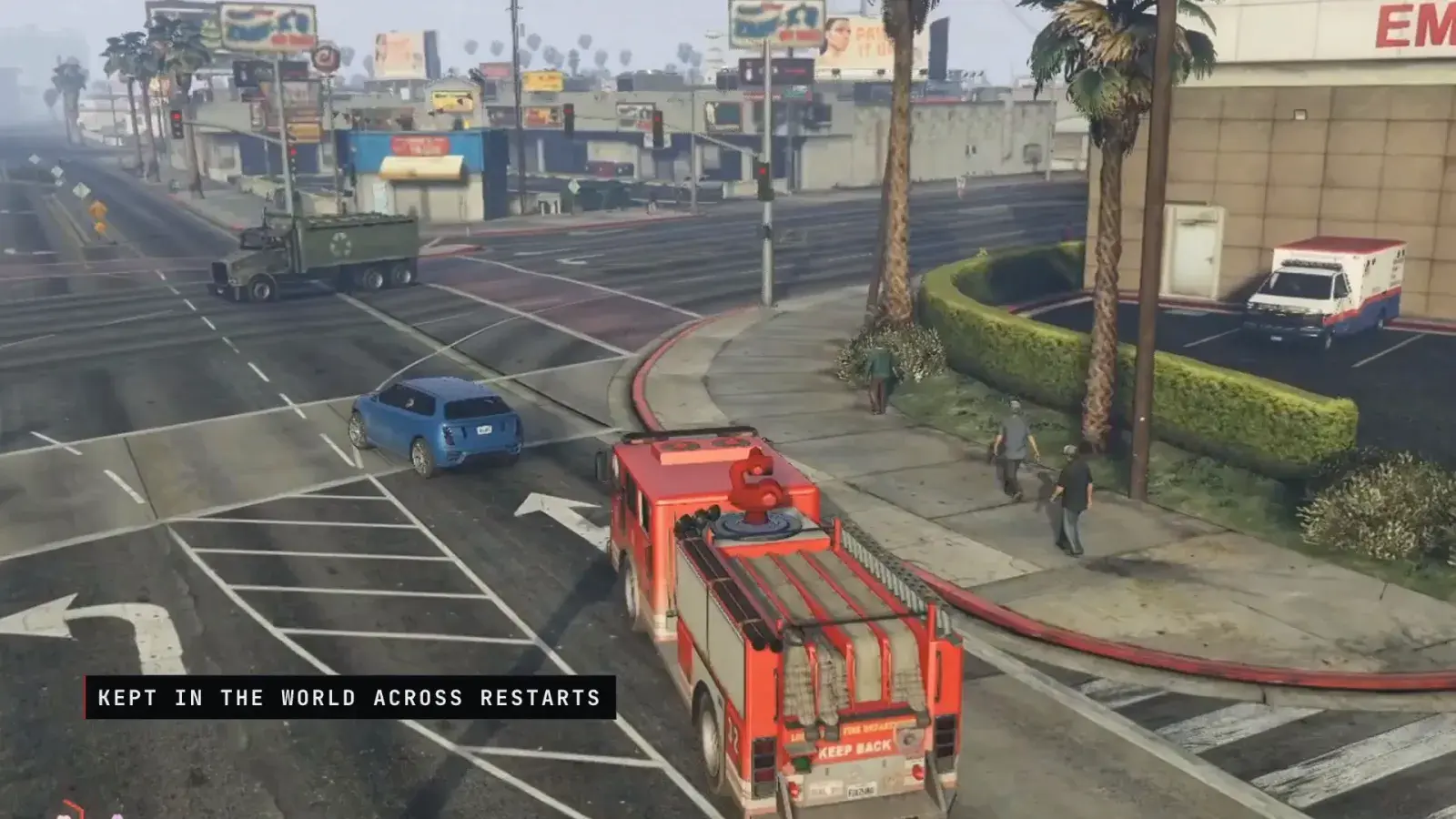 Engine 32 turning a street corner past the hospital on its way to a fire, with the label Kept in the world across restarts